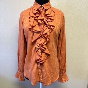 Ryan Michael Small Western Silk Cotton Orange Long Sleeve Ruffle Blouse Top